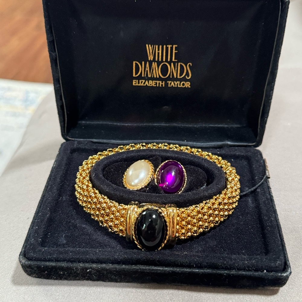 VTG Eluzabeth Taylor White Diamonds Gold Bracelet Interchangeable Cabochon Gems